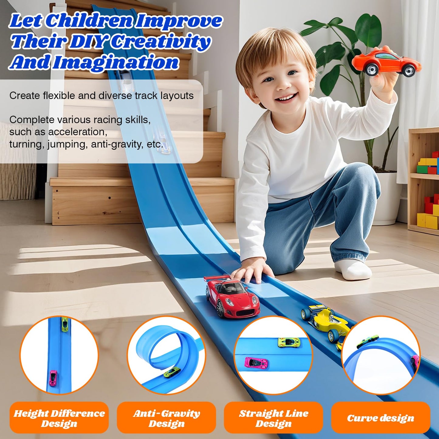 Lemostaar 15ft Flexible Race Track – Roll-Up DIY Ramp with Suction Cups for 1/64 Die-Cast Cars