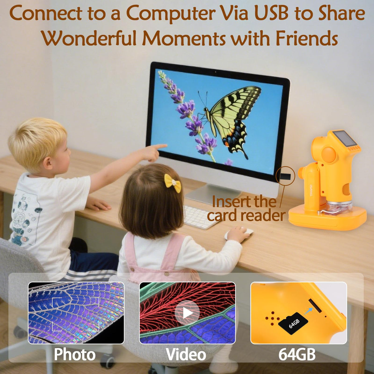 LENGTOUQ 1600X Kids Microscope – Portable Handheld, Photo/Video, 64GB Storage