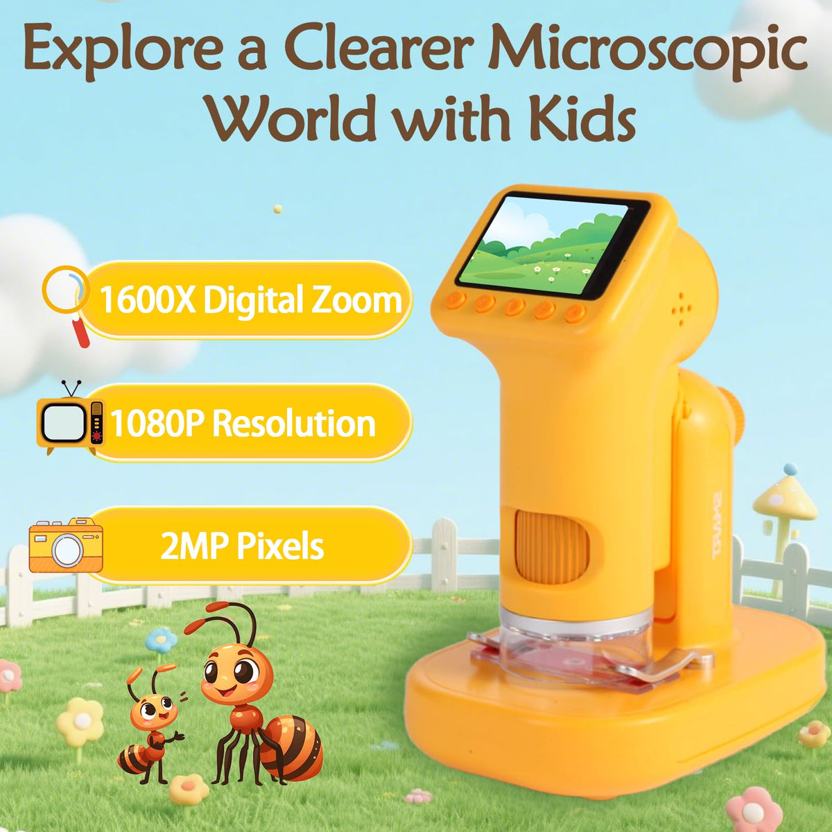 LENGTOUQ 1600X Kids Microscope – Portable Handheld, Photo/Video, 64GB Storage