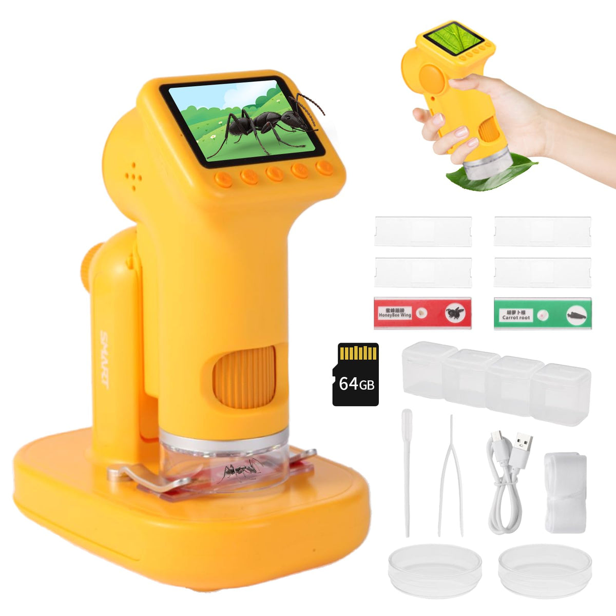 LENGTOUQ 1600X Kids Microscope – Portable Handheld, Photo/Video, 64GB Storage