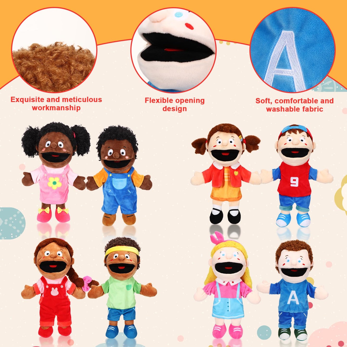 Lenwen 8-Piece Kids Hand Puppet Gifts Set — 12-Inch Multicultural Plush Puppets