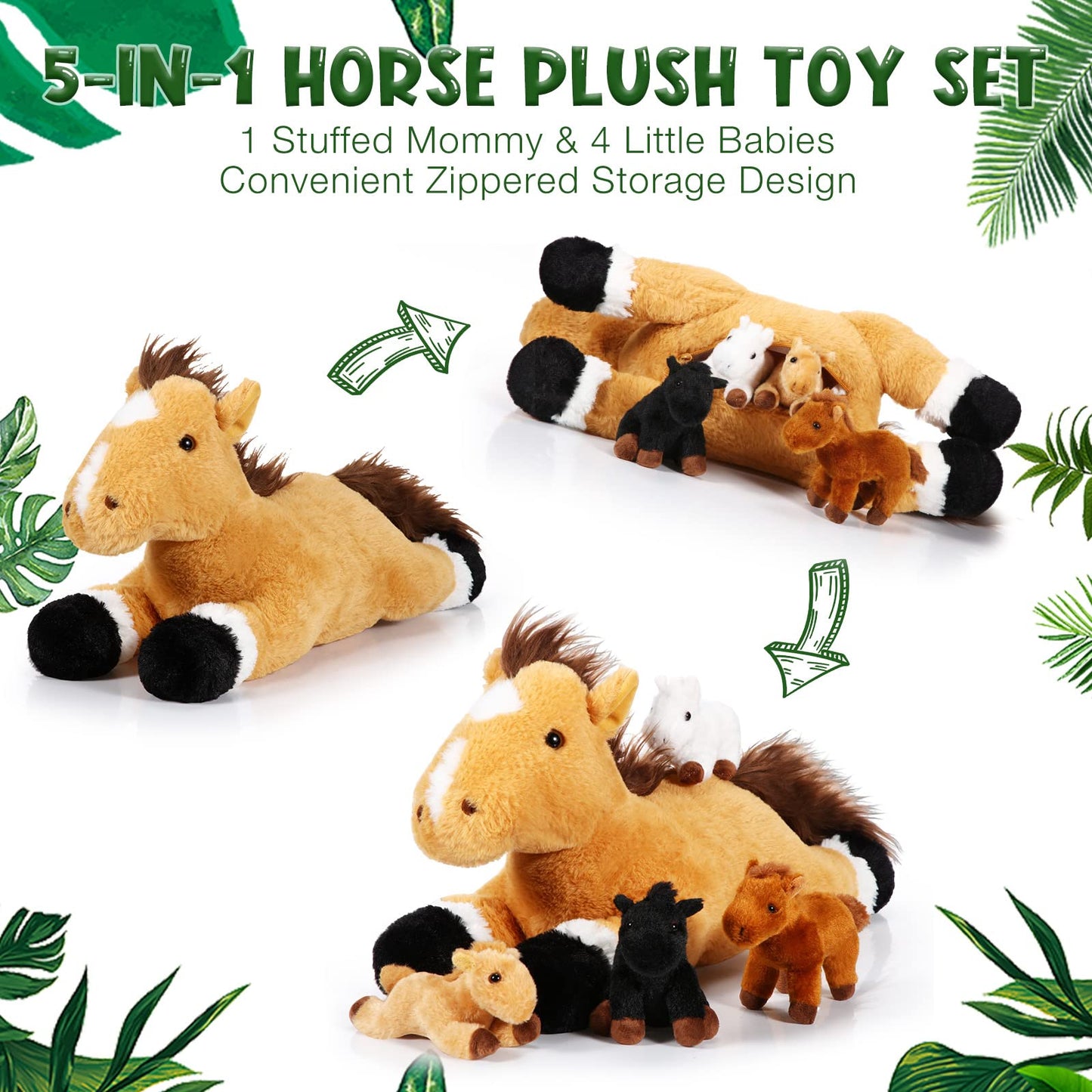 Lenwen 5-Piece Horse Plush Set: 18-Inch Mommy Horse with 4 Babies – Soft Nurturing Plush Toys