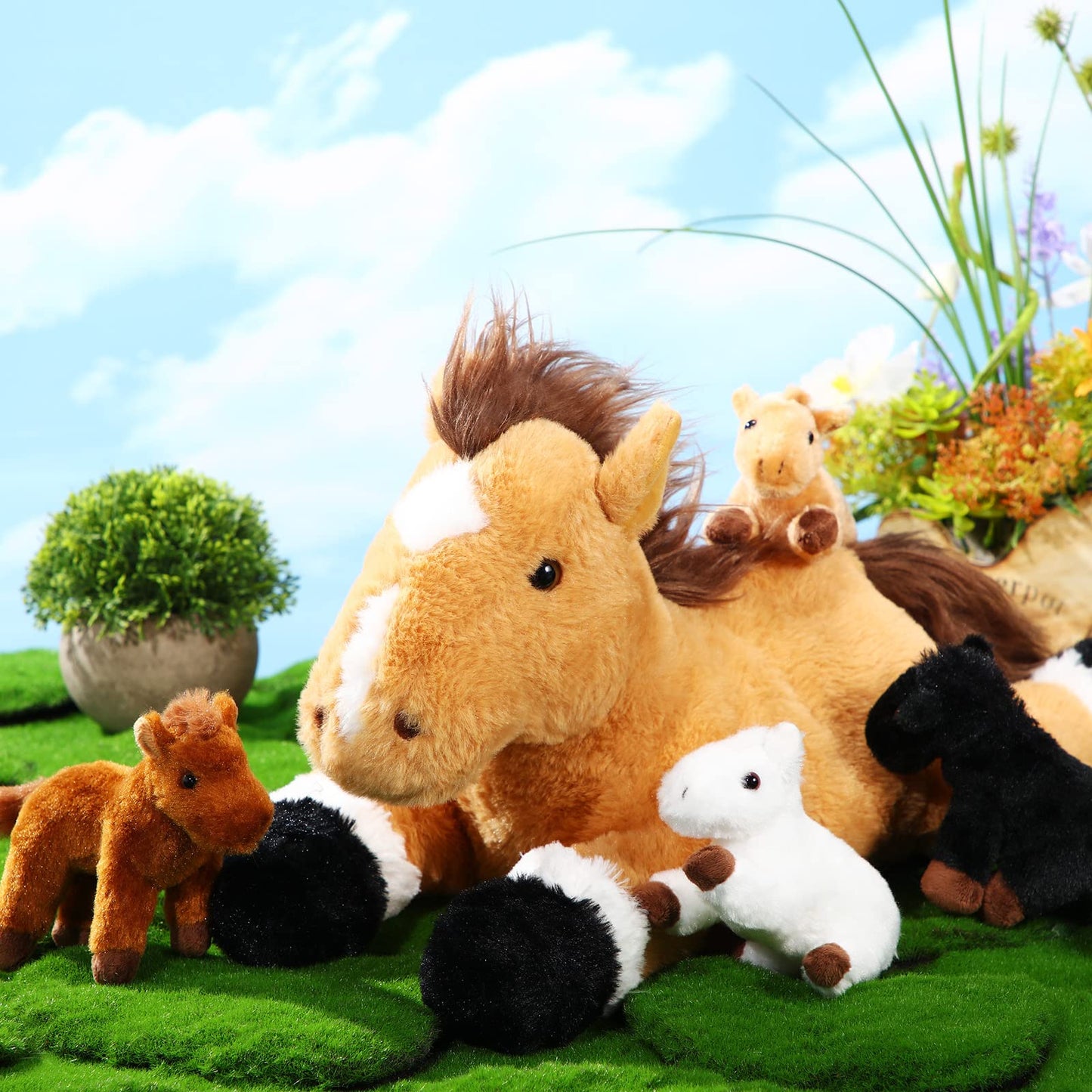 Lenwen 5-Piece Horse Plush Set: 18-Inch Mommy Horse with 4 Babies – Soft Nurturing Plush Toys