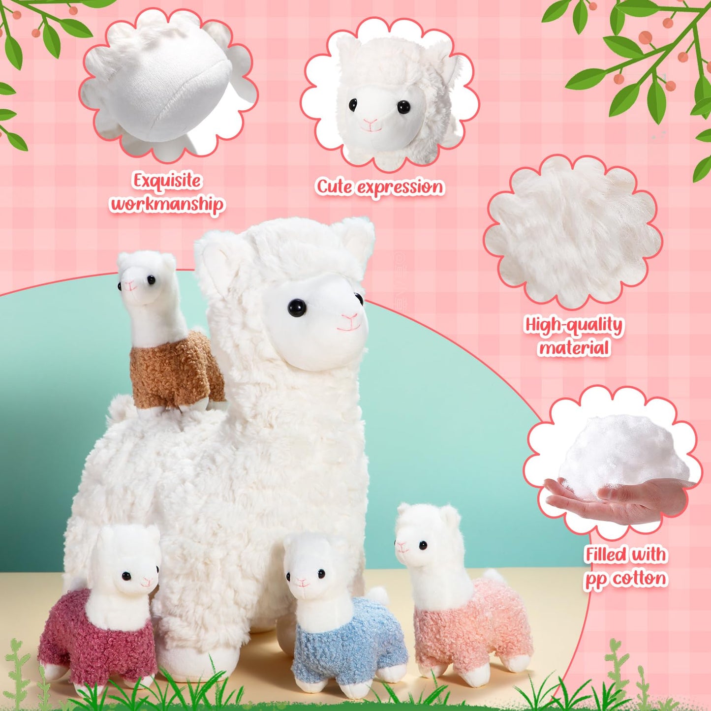 Lenwen 5-Pcs Llama Plush Set - 14-inch Mama Llama with 4 Babies, Soft Toys for Kids