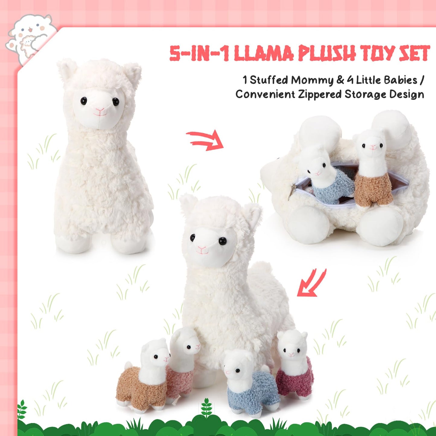 Lenwen 5-Pcs Llama Plush Set - 14-inch Mama Llama with 4 Babies, Soft Toys for Kids