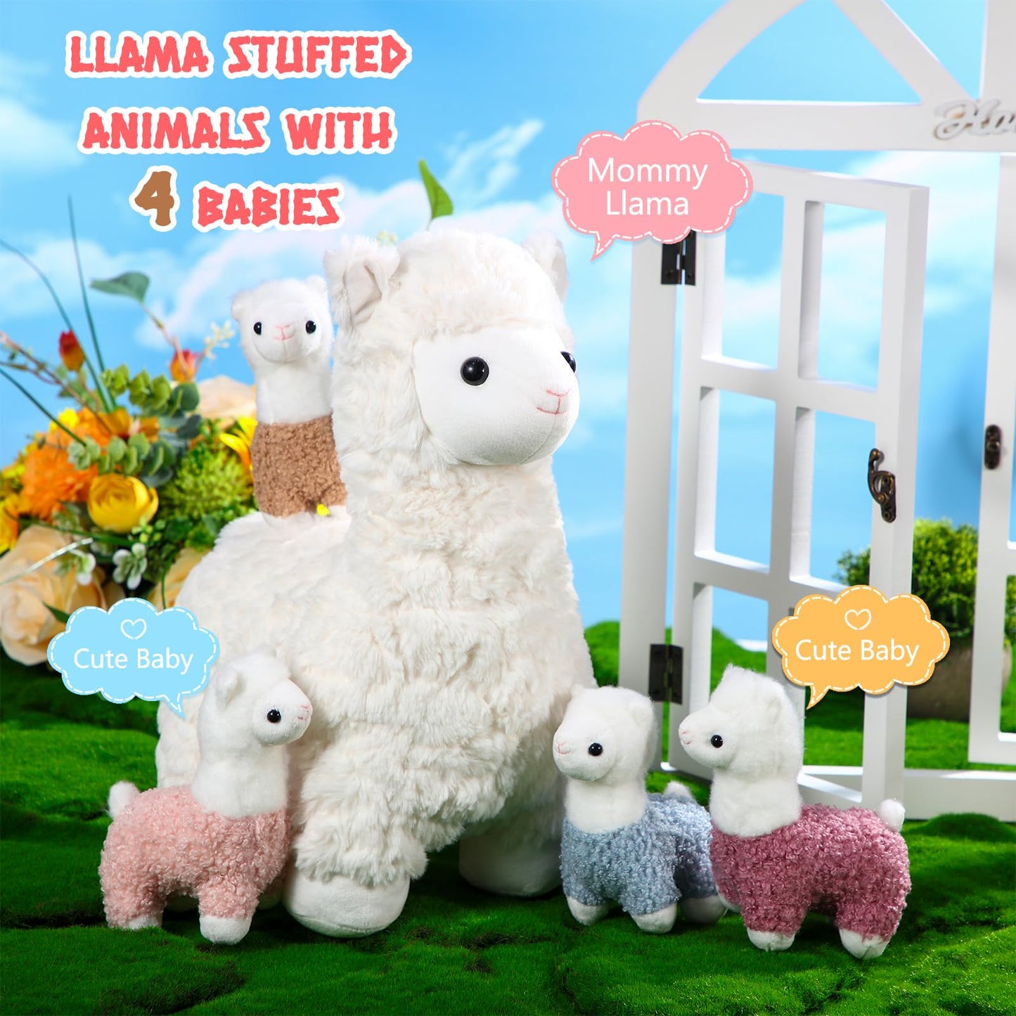 Lenwen 5-Pcs Llama Plush Set - 14-inch Mama Llama with 4 Babies, Soft Toys for Kids