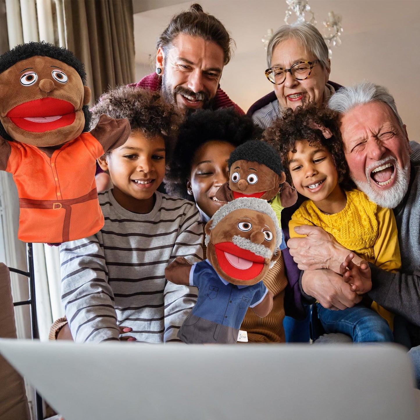 Lenwen 6 Pcs Family Hand Puppet Set (African American) – Movable Mouth Plush Puppets for Storytelling and Classroom Play
