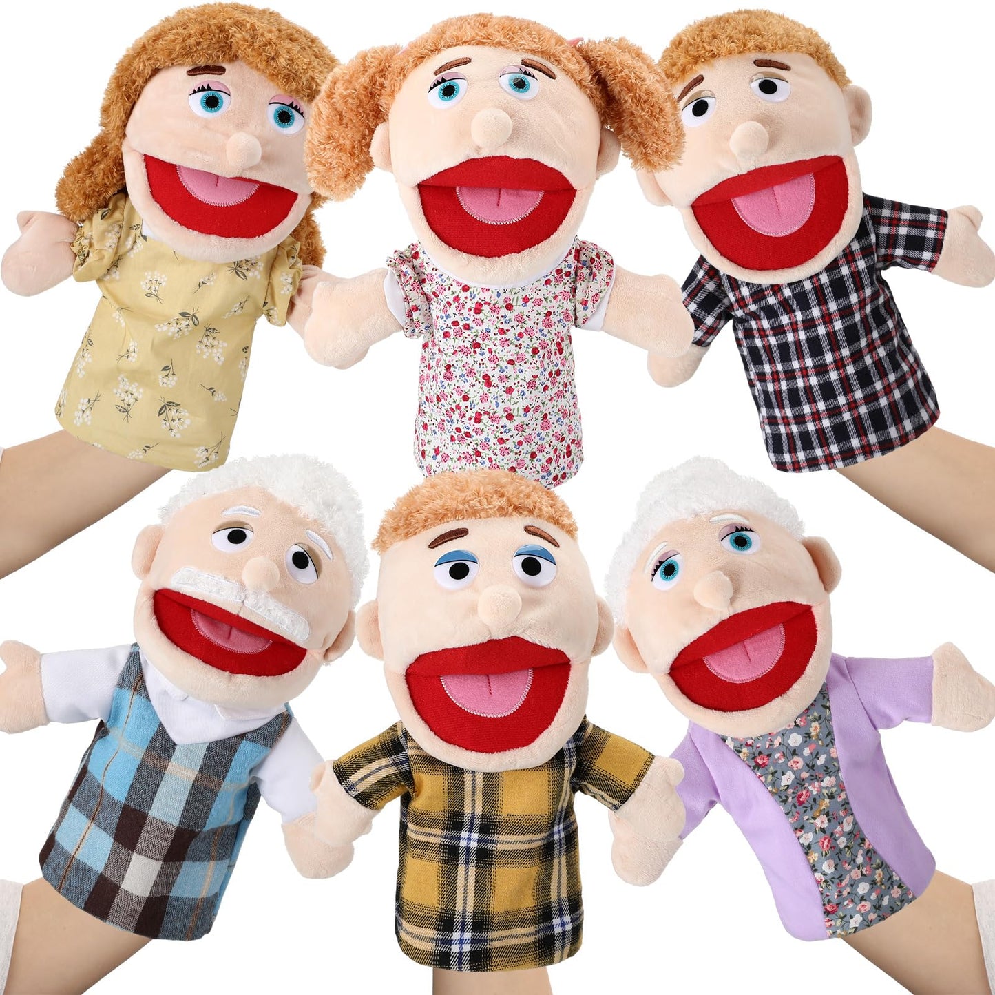 Lenwen 6-Piece Family Hand Puppet Set | Movable Mouth Plush Puppets for Kids