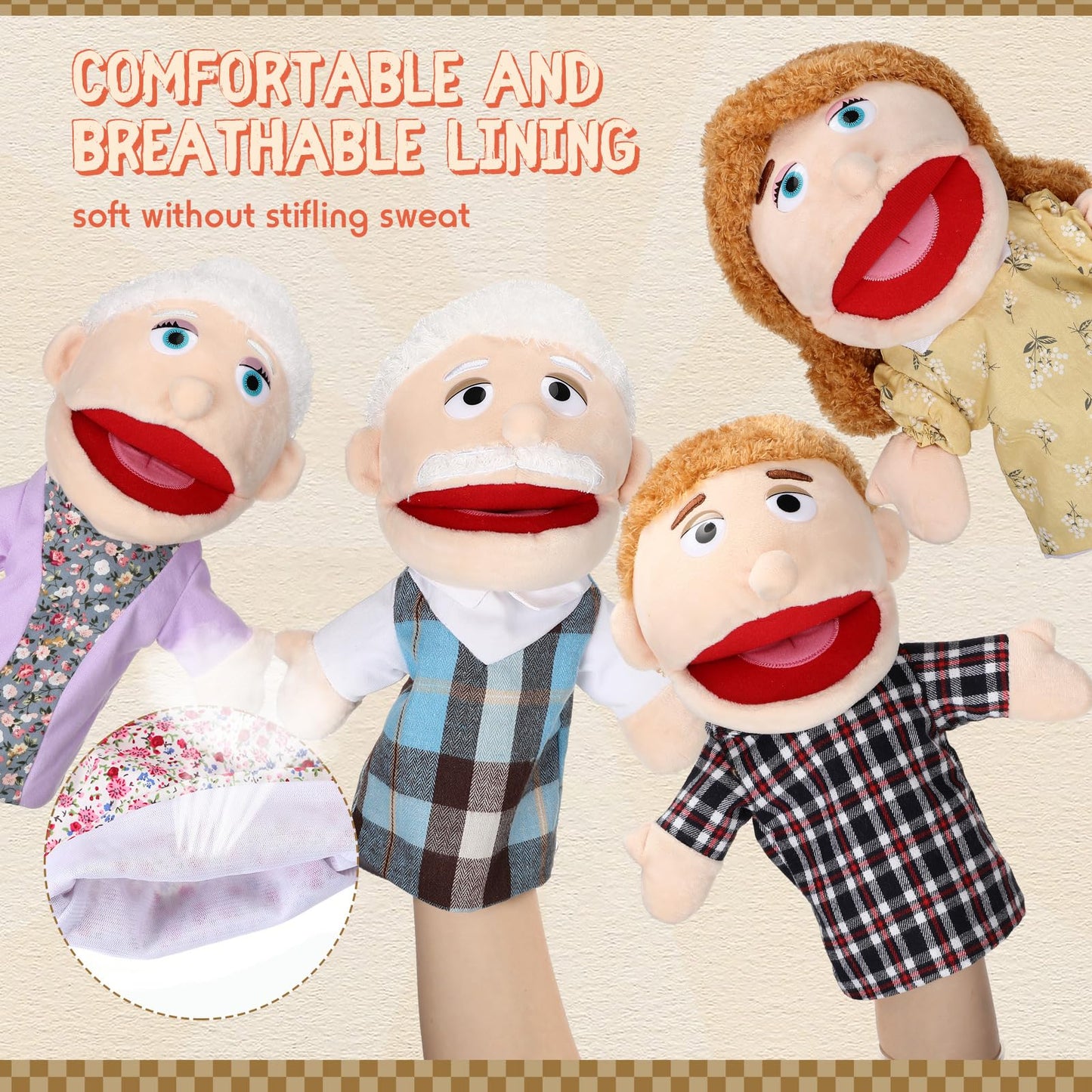 Lenwen 6-Piece Family Hand Puppet Set | Movable Mouth Plush Puppets for Kids
