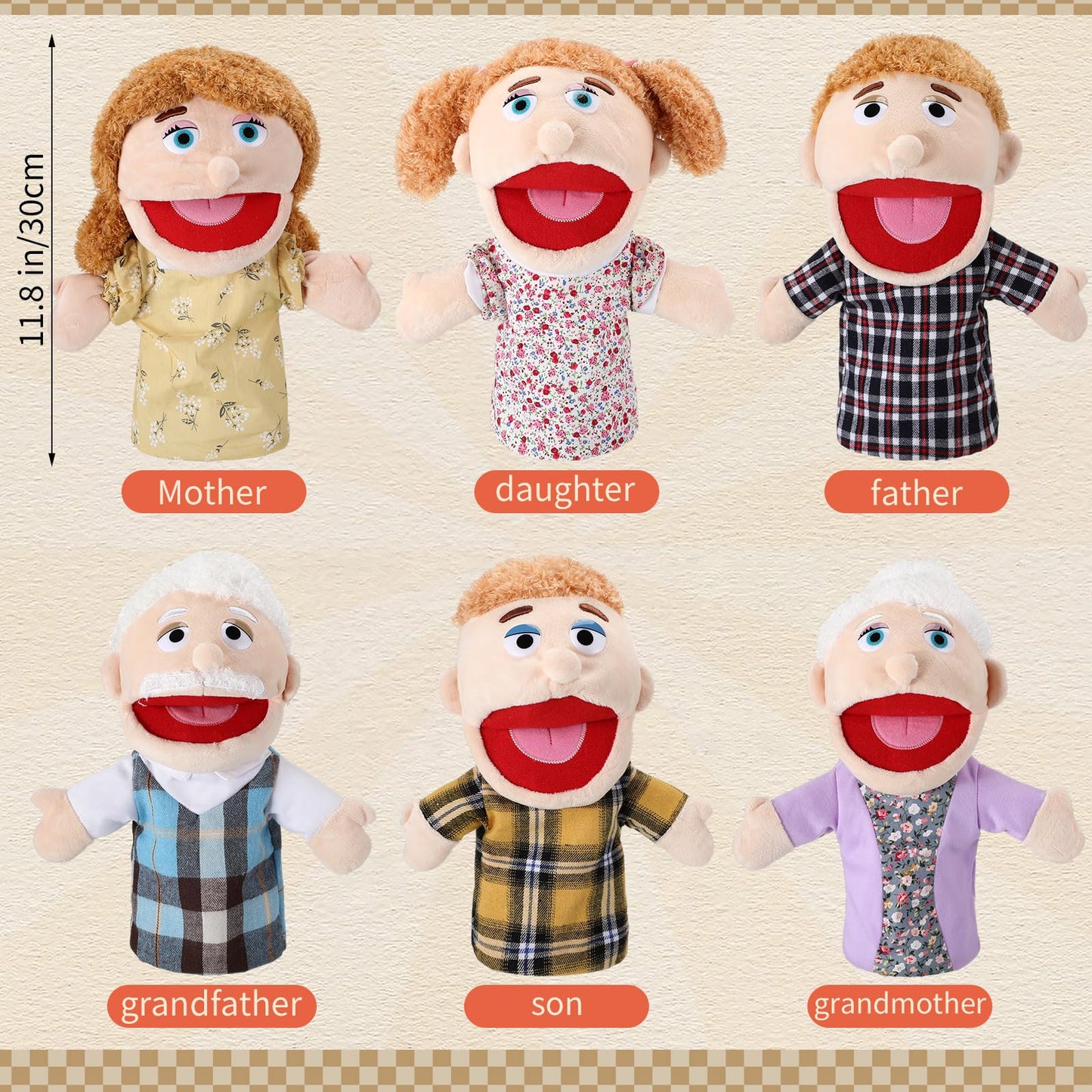 Lenwen 6-Piece Family Hand Puppet Set | Movable Mouth Plush Puppets for Kids