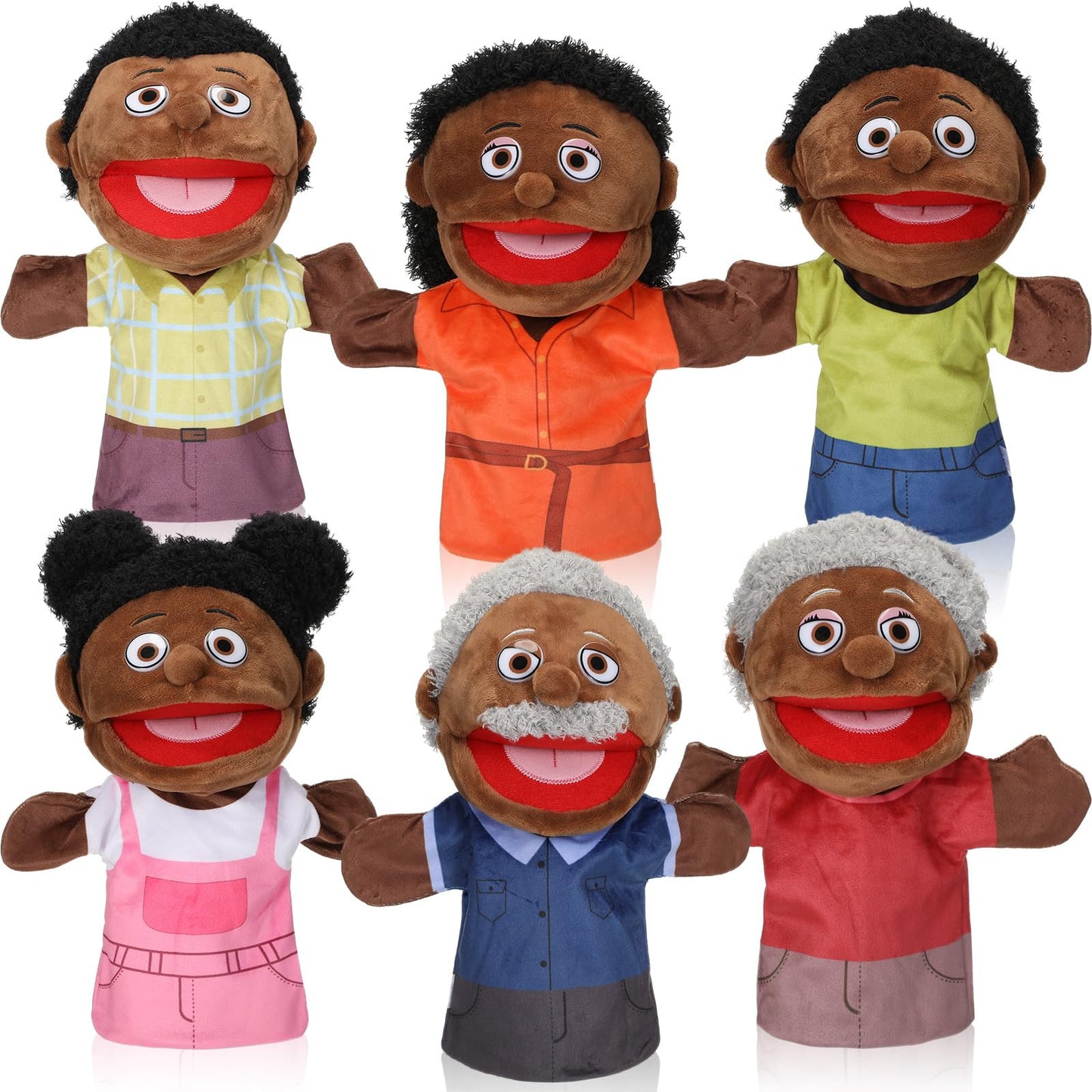 Lenwen 6 Pcs Family Hand Puppet Set (African American) – Movable Mouth Plush Puppets for Storytelling and Classroom Play