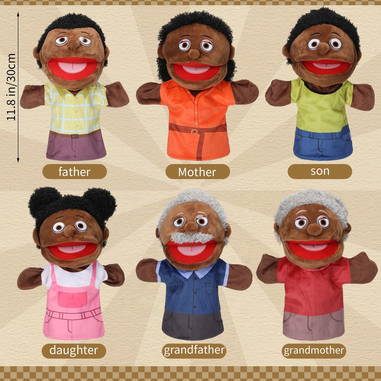 Lenwen 6 Pcs Family Hand Puppet Set (African American) – Movable Mouth Plush Puppets for Storytelling and Classroom Play