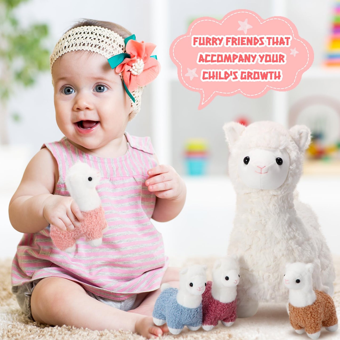 Lenwen 5-Pcs Llama Plush Set - 14-inch Mama Llama with 4 Babies, Soft Toys for Kids