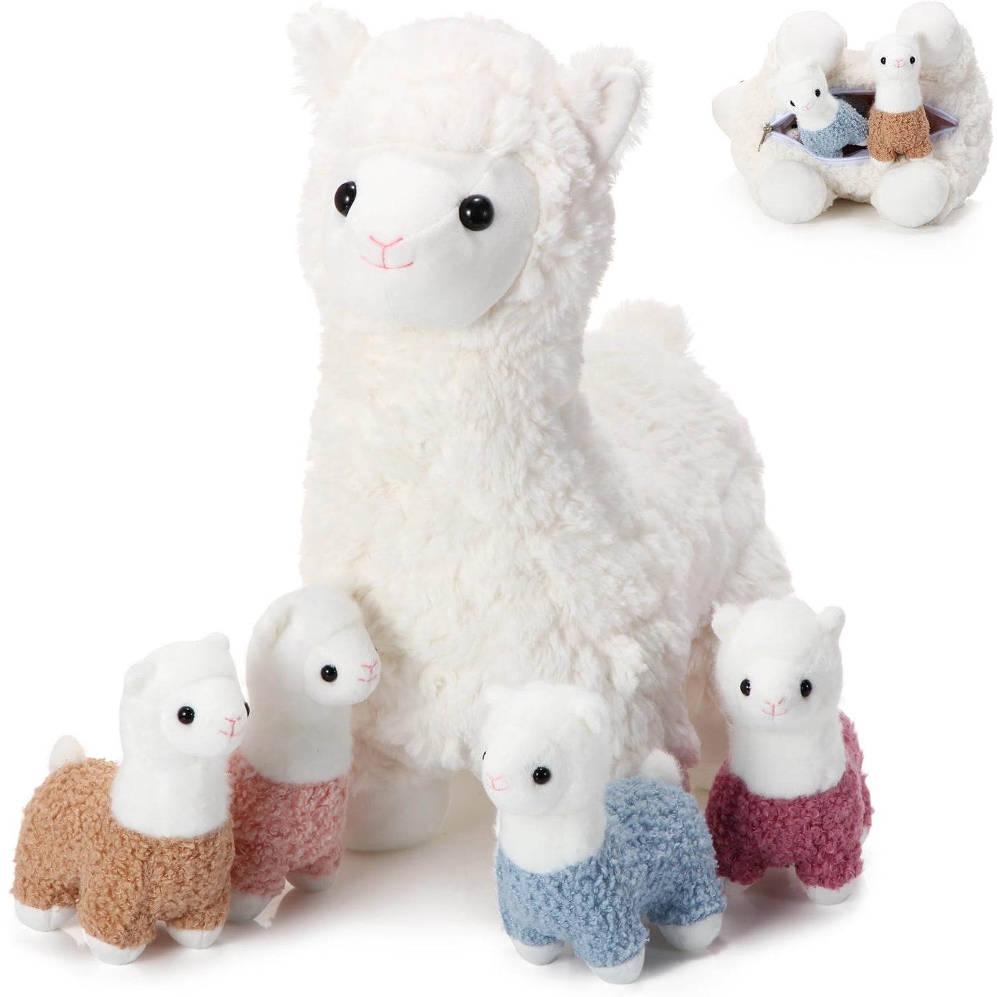 Lenwen 5-Pcs Llama Plush Set - 14-inch Mama Llama with 4 Babies, Soft Toys for Kids