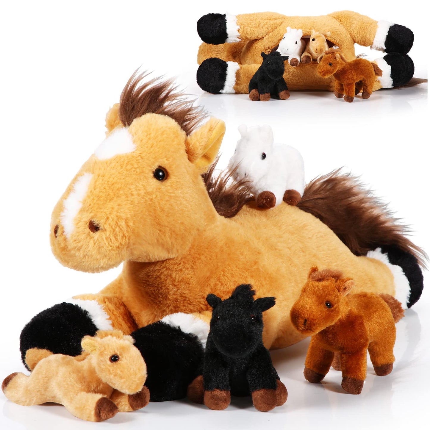 Lenwen 5-Piece Horse Plush Set: 18-Inch Mommy Horse with 4 Babies – Soft Nurturing Plush Toys