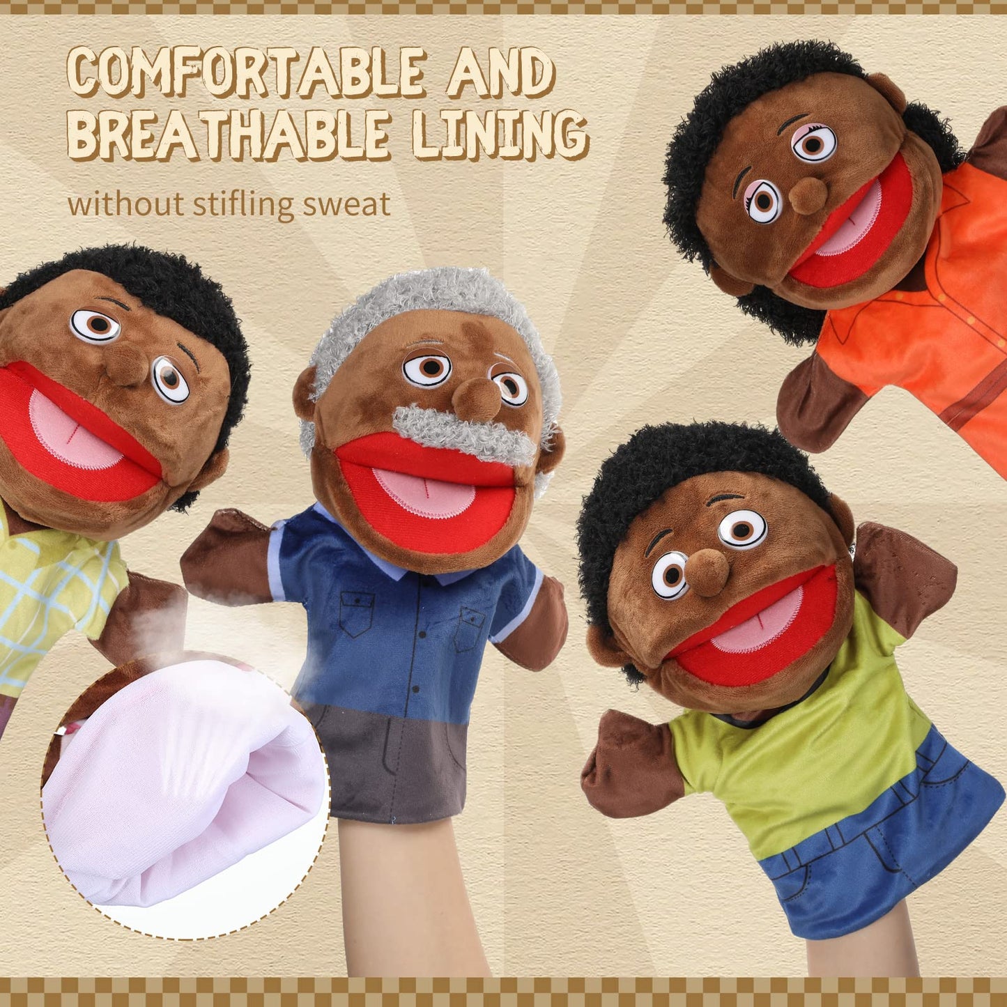 Lenwen 6 Pcs Family Hand Puppet Set (African American) – Movable Mouth Plush Puppets for Storytelling and Classroom Play