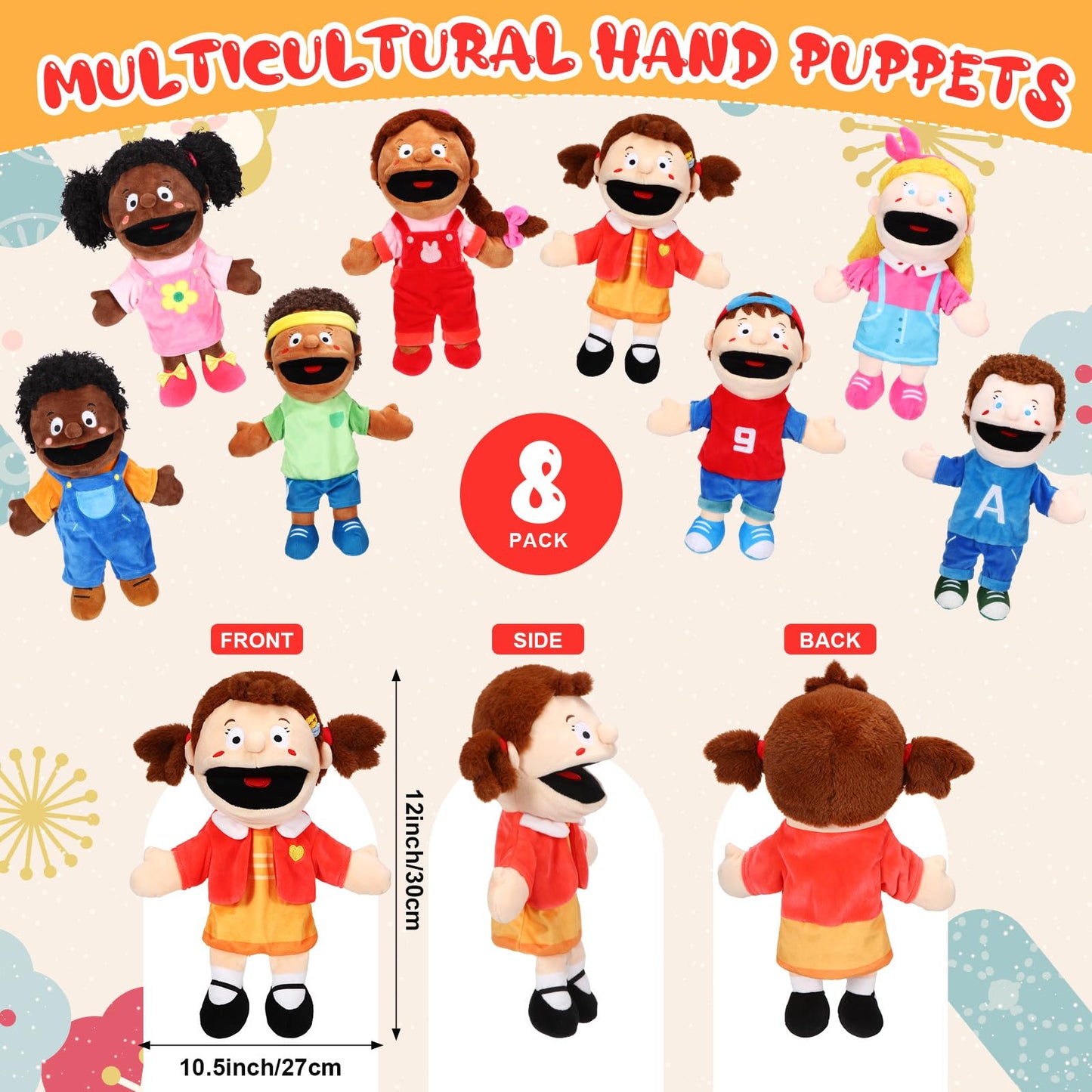 Lenwen 8-Piece Kids Hand Puppet Gifts Set — 12-Inch Multicultural Plush Puppets