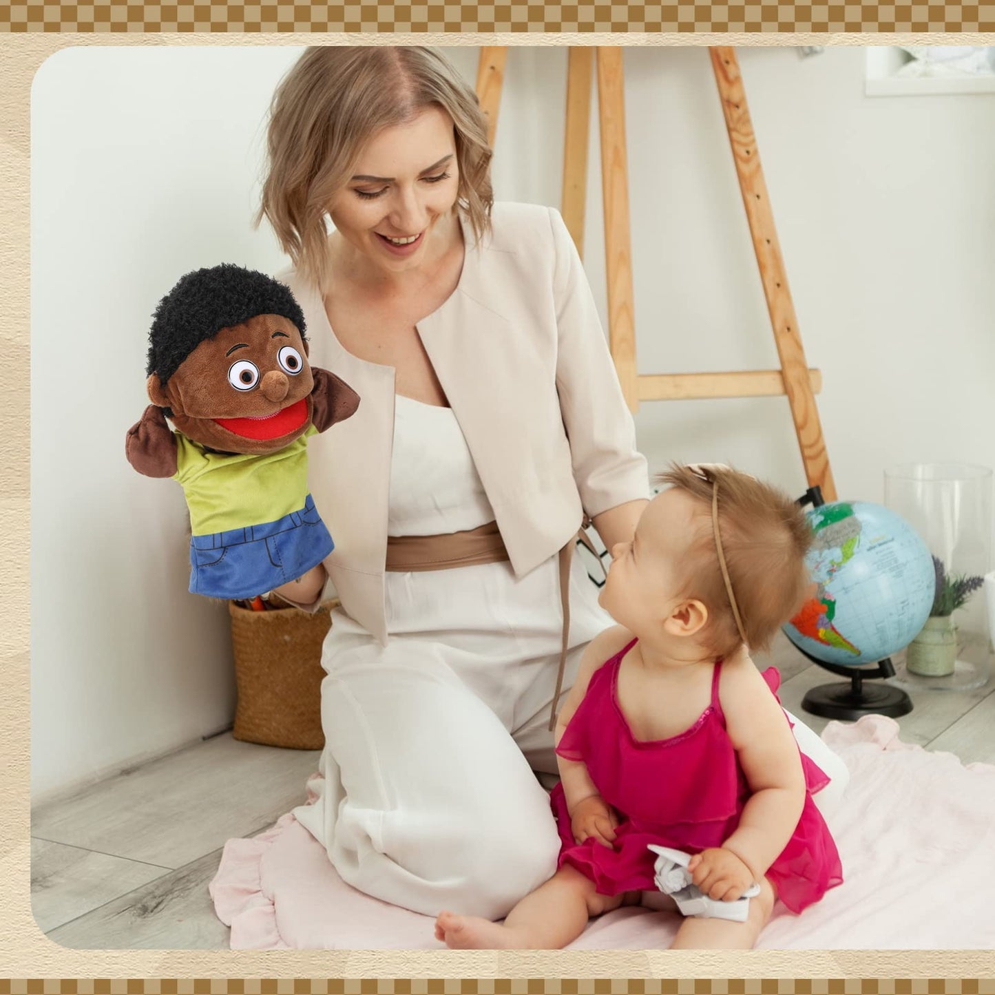 Lenwen 6 Pcs Family Hand Puppet Set (African American) – Movable Mouth Plush Puppets for Storytelling and Classroom Play
