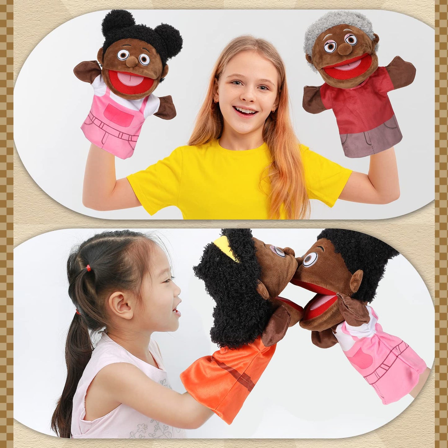 Lenwen 6 Pcs Family Hand Puppet Set (African American) – Movable Mouth Plush Puppets for Storytelling and Classroom Play