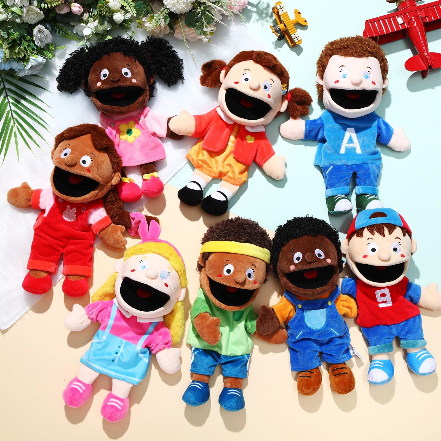 Lenwen 8-Piece Kids Hand Puppet Gifts Set — 12-Inch Multicultural Plush Puppets