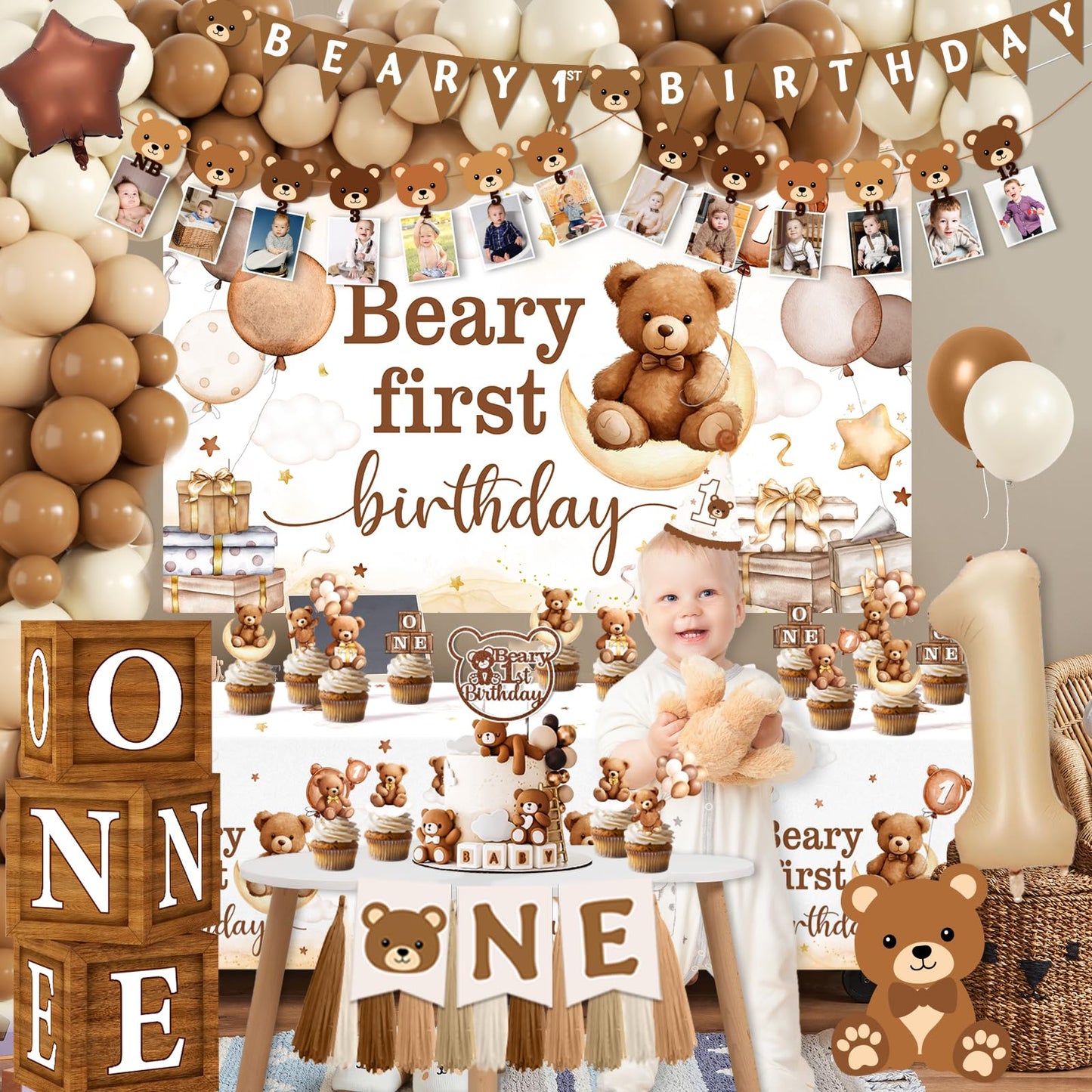 Lenyunge Beary First Birthday Decorations — 147pcs Bear Party Kit for 1st Birthday