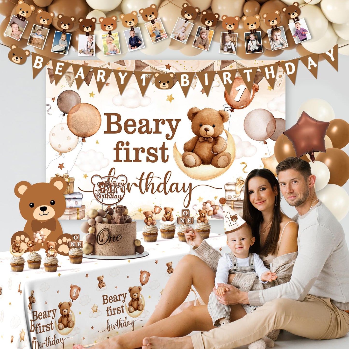 Lenyunge Beary First Birthday Decorations — 147pcs Bear Party Kit for 1st Birthday
