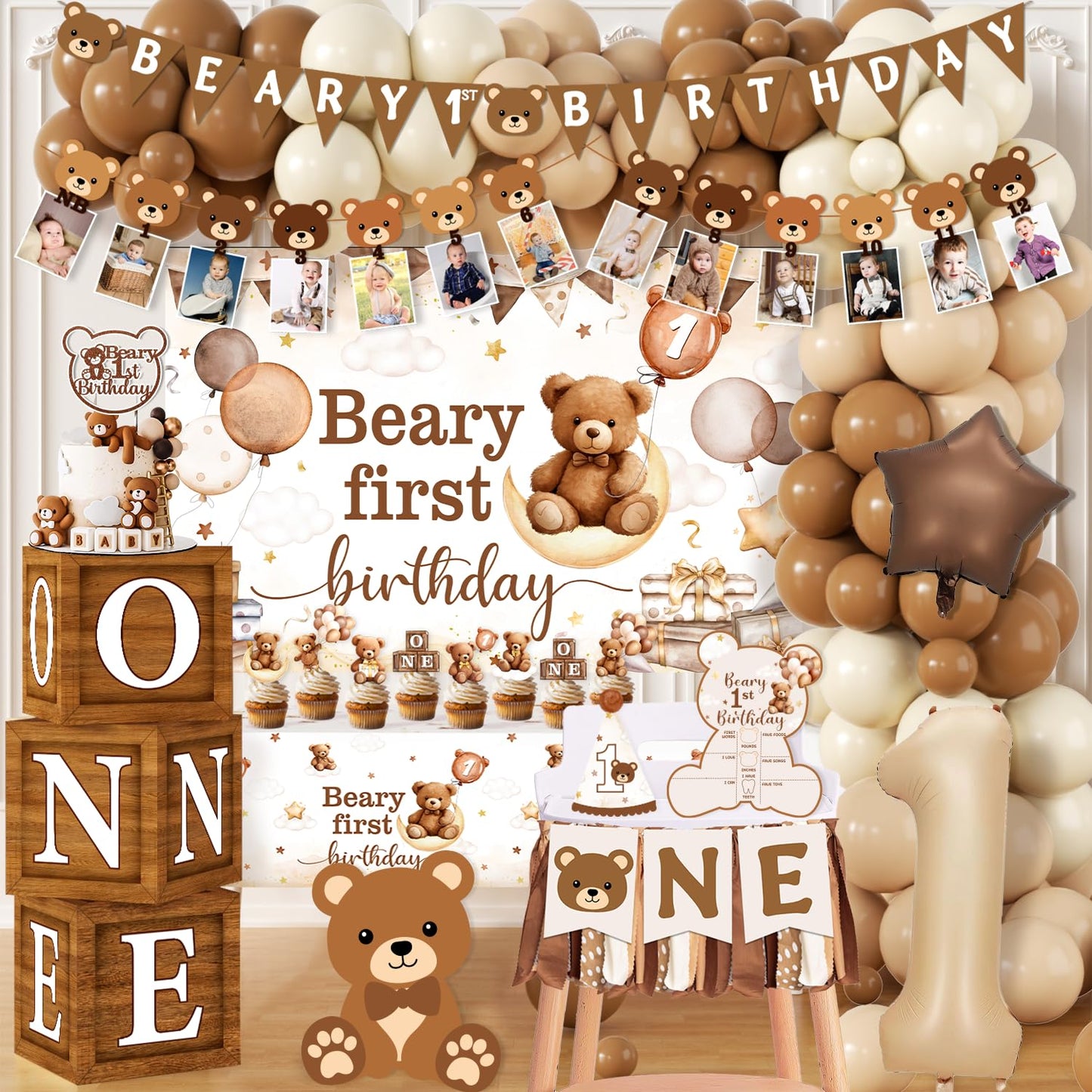 Lenyunge Beary First Birthday Decorations — 147pcs Bear Party Kit for 1st Birthday