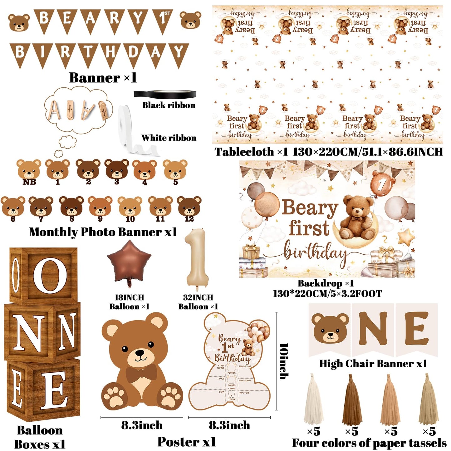 Lenyunge Beary First Birthday Decorations — 147pcs Bear Party Kit for 1st Birthday