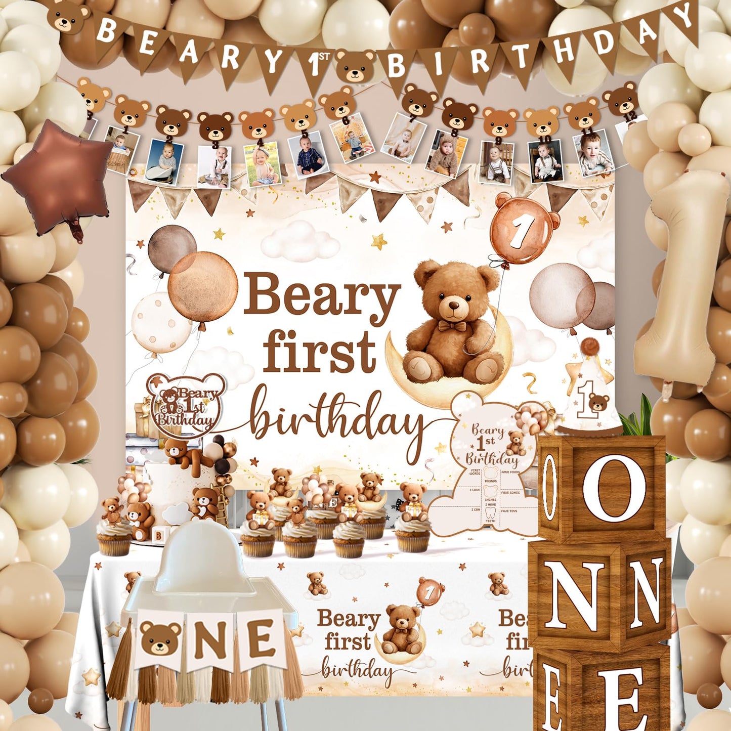 Lenyunge Beary First Birthday Decorations — 147pcs Bear Party Kit for 1st Birthday