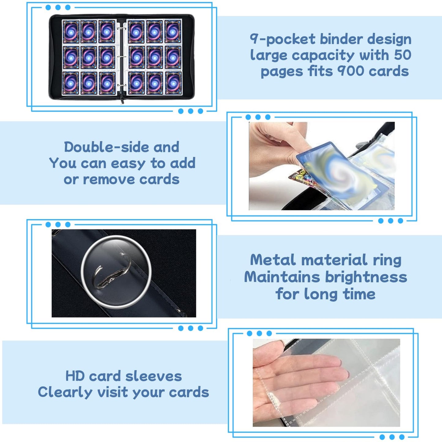 Leogi Premium Card Binder: 9-Pocket Zippered Album, 900 Cards Capacity with 50 Removable Sleeves