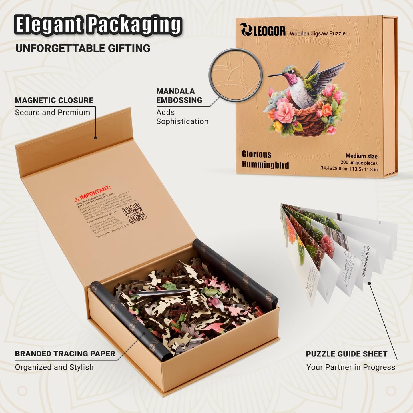 LEOGOR Wooden Jigsaw Puzzle for Adults — 200 Pieces, Hummingbird, 5mm Thick Wood