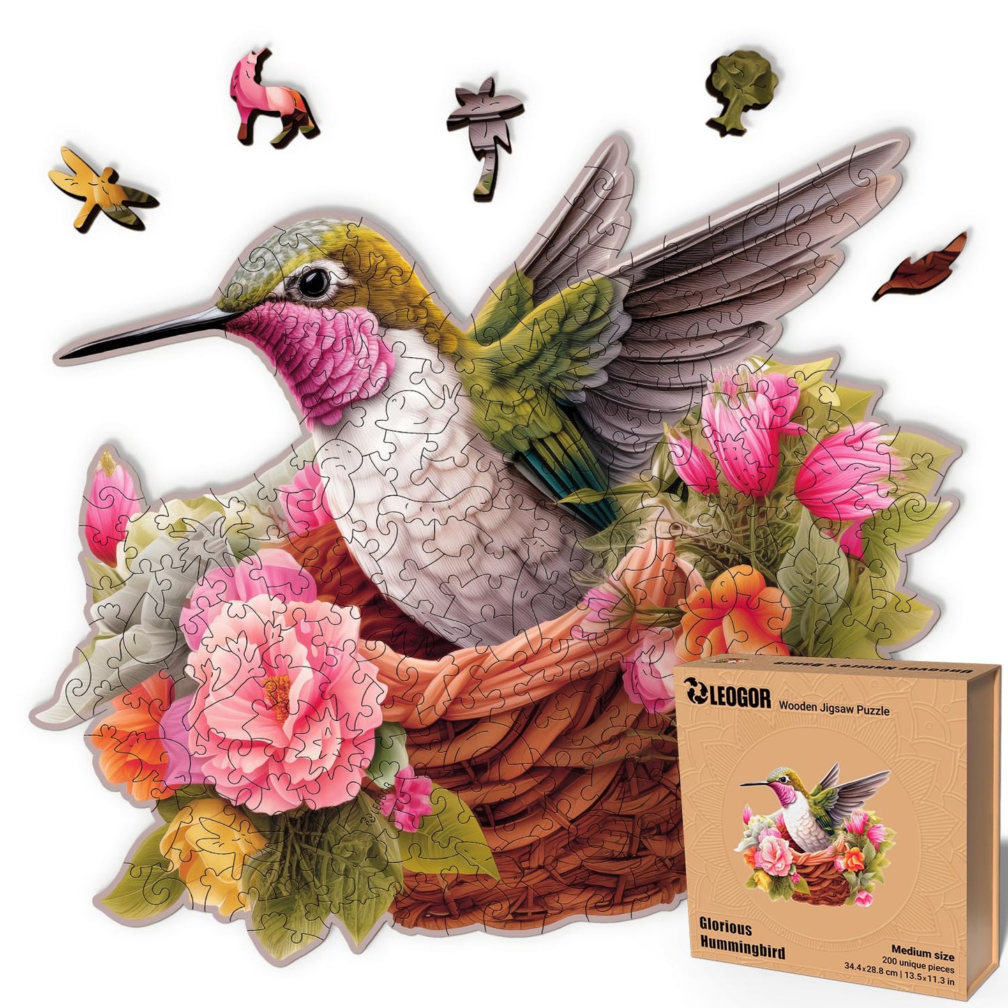 LEOGOR Wooden Jigsaw Puzzle for Adults — 200 Pieces, Hummingbird, 5mm Thick Wood