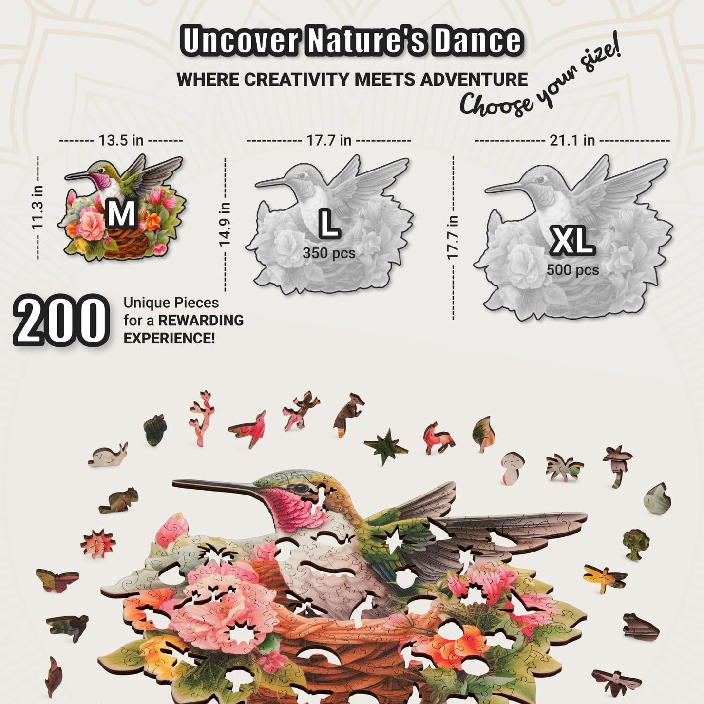 LEOGOR Wooden Jigsaw Puzzle for Adults — 200 Pieces, Hummingbird, 5mm Thick Wood