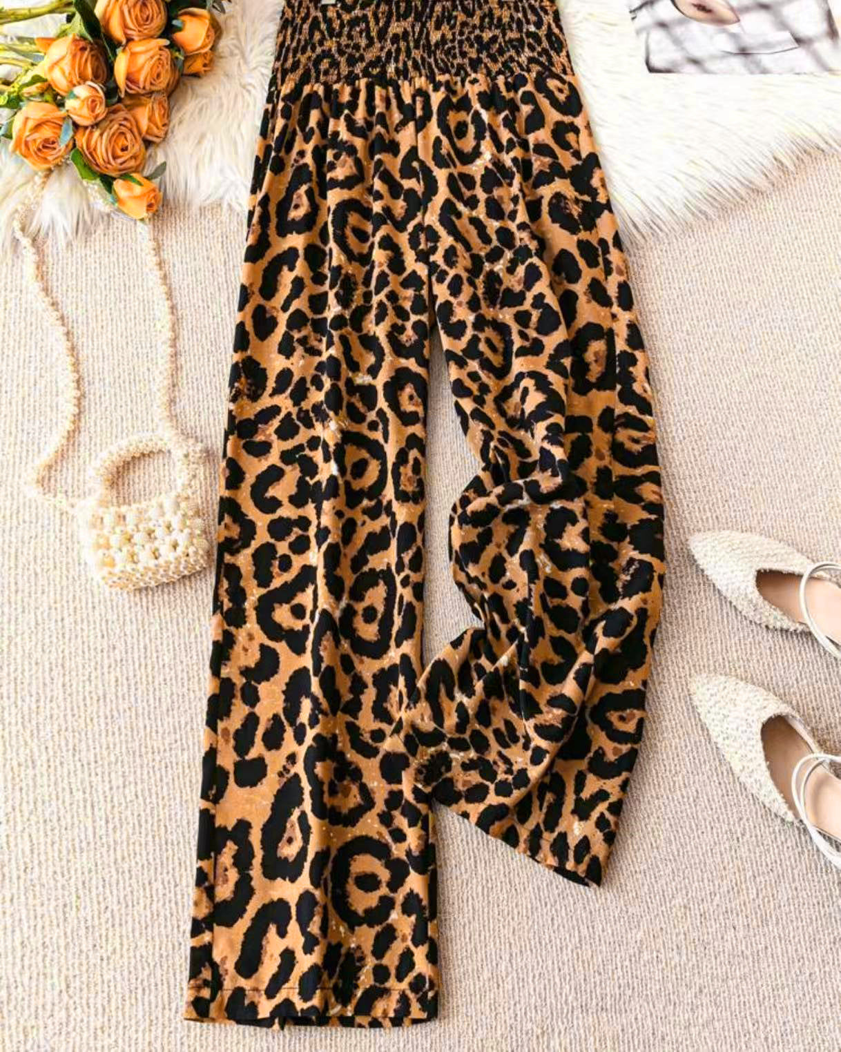 Leopard Print Elastic Waist Wide Leg Pants