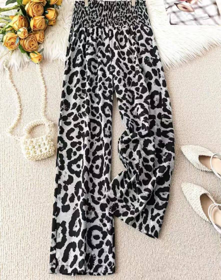 Leopard Print Elastic Waist Wide Leg Pants