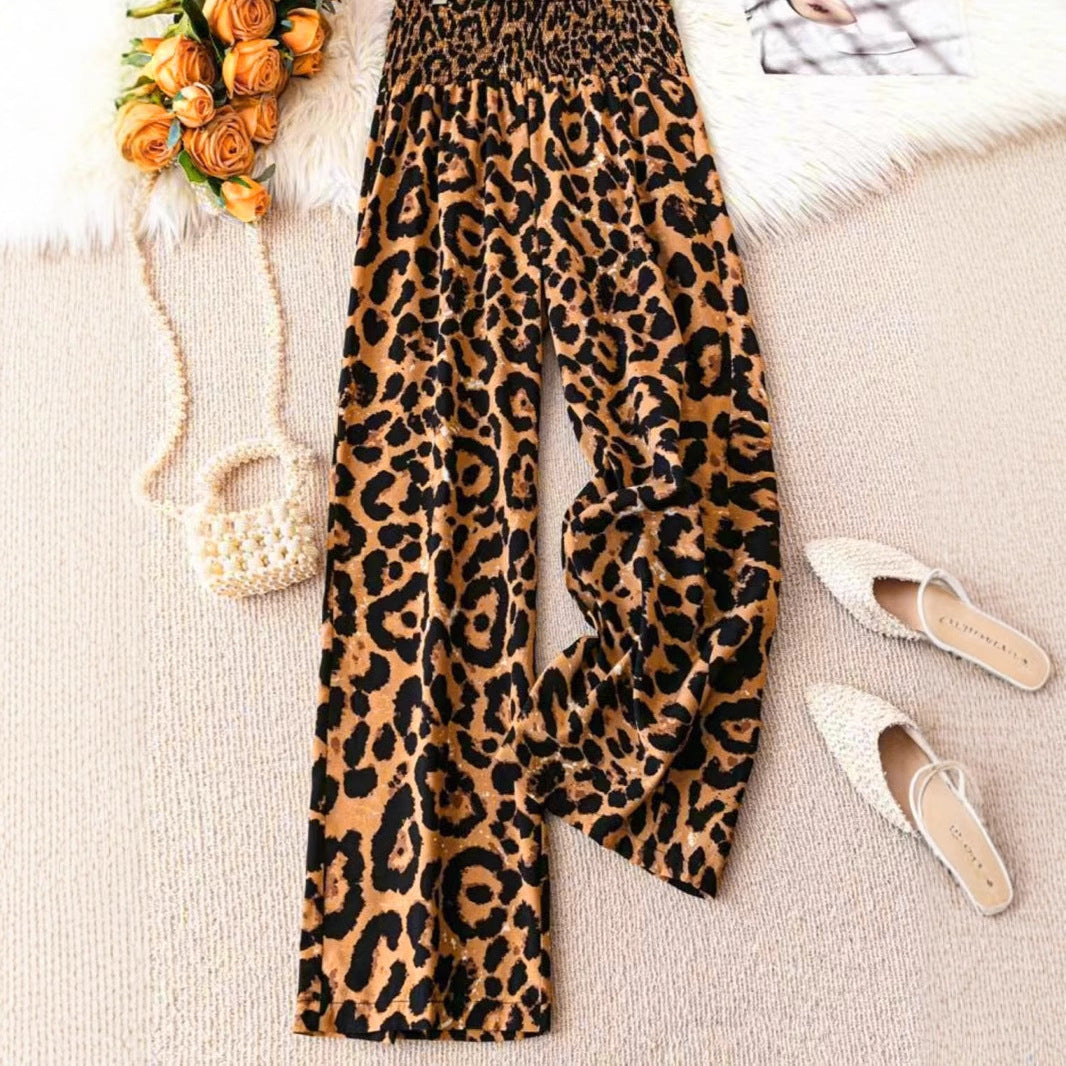 Leopard Print Elastic Waist Wide Leg Pants