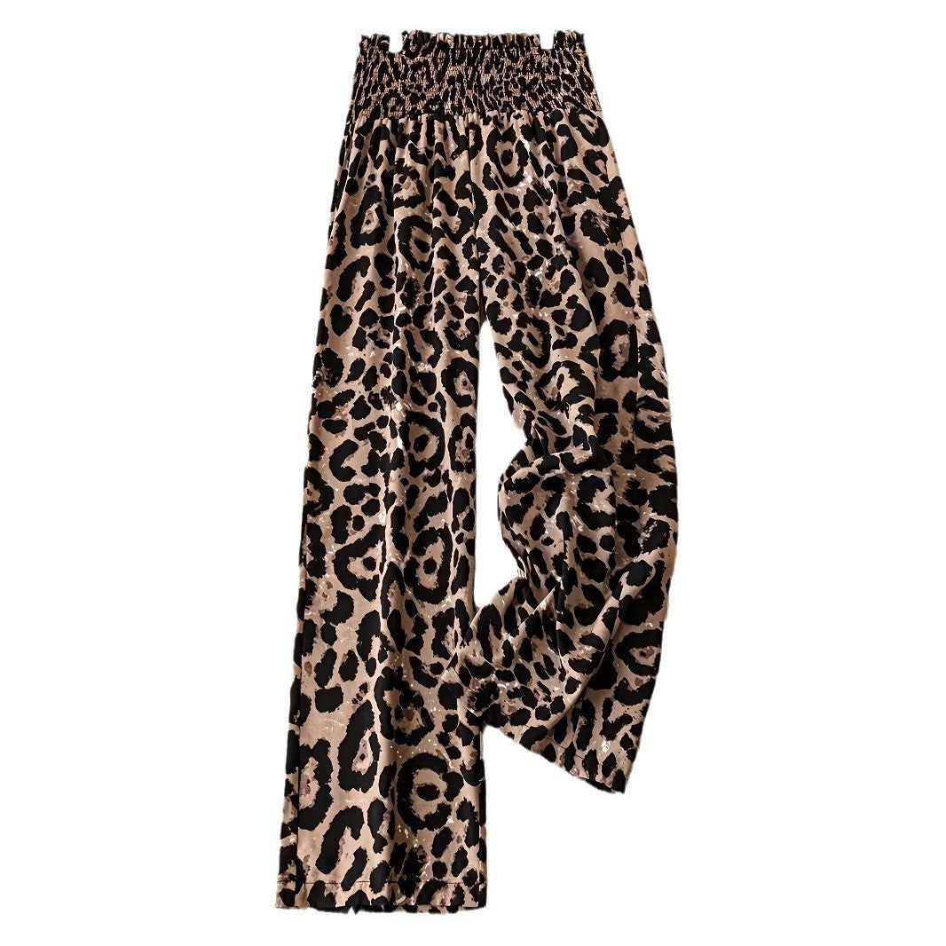 Leopard Print Elastic Waist Wide Leg Pants