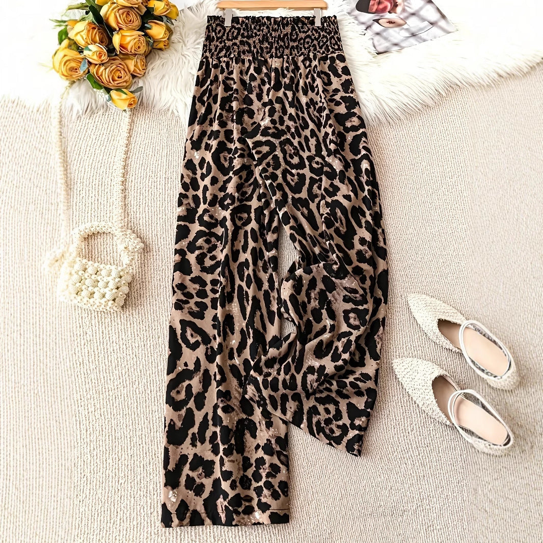 Leopard Print Elastic Waist Wide Leg Pants