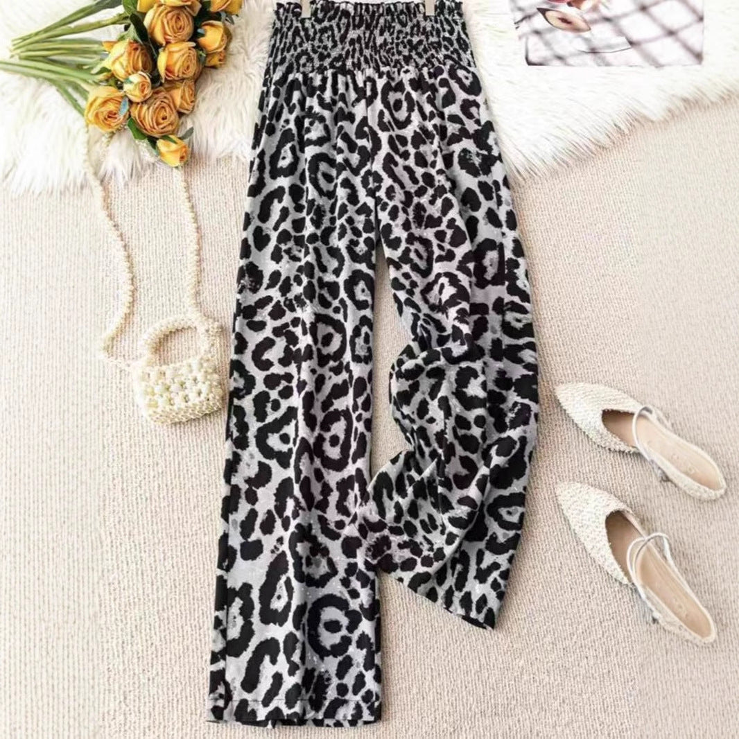 Leopard Print Elastic Waist Wide Leg Pants