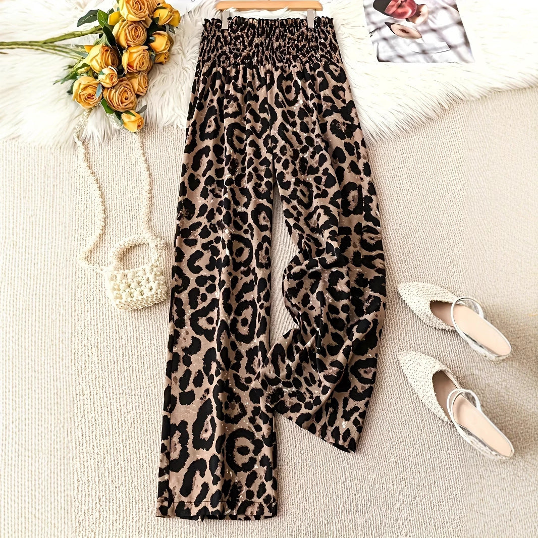 Leopard Print Elastic Waist Wide Leg Pants