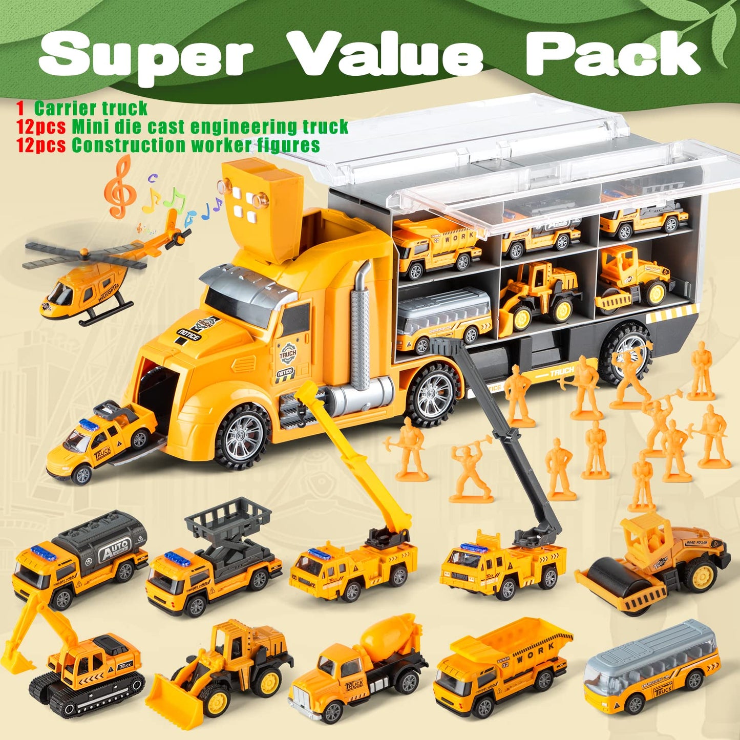 LerBao 25-in-1 Die-Cast Pull-Back Construction Trucks – Lights & Sounds (Ages 3-7)