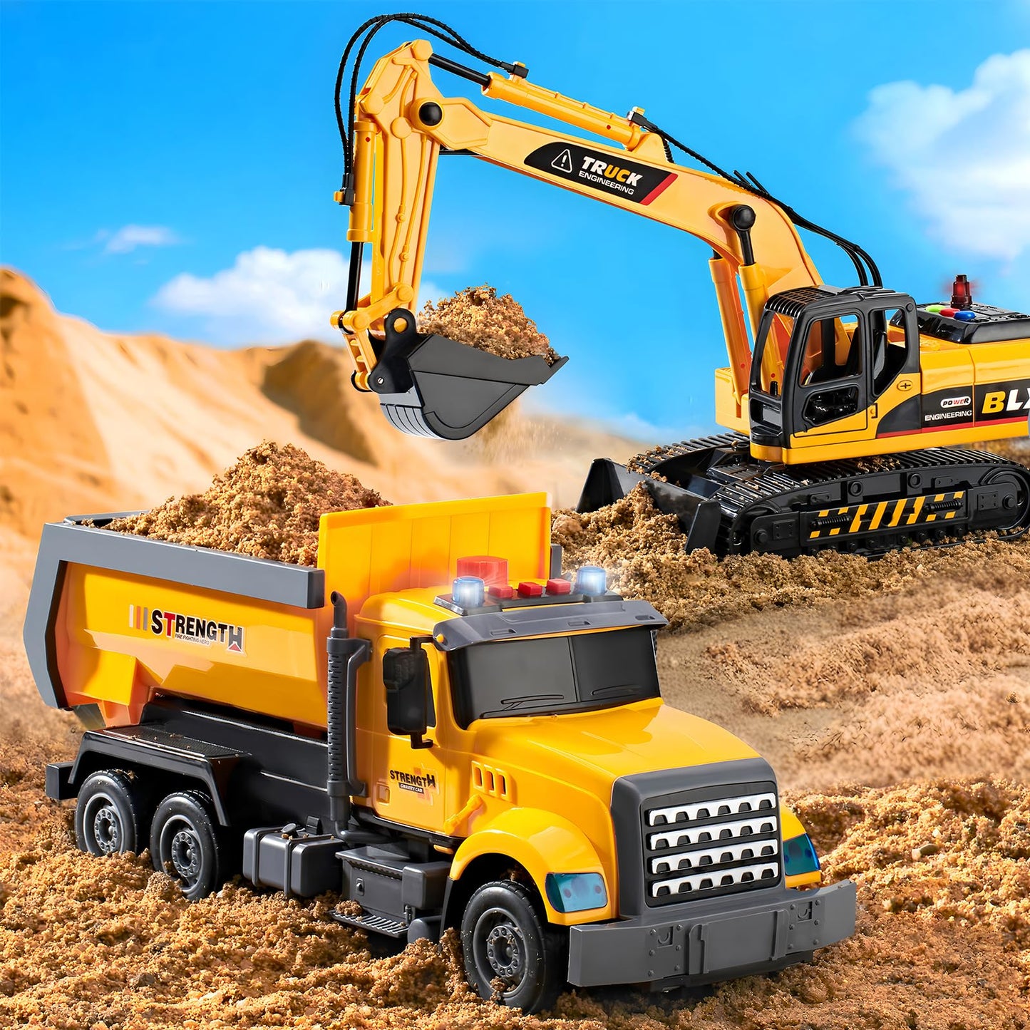 LerBao 2-Pack Large Construction Trucks – Moveable Excavator & Dump Truck for 3-8 Years