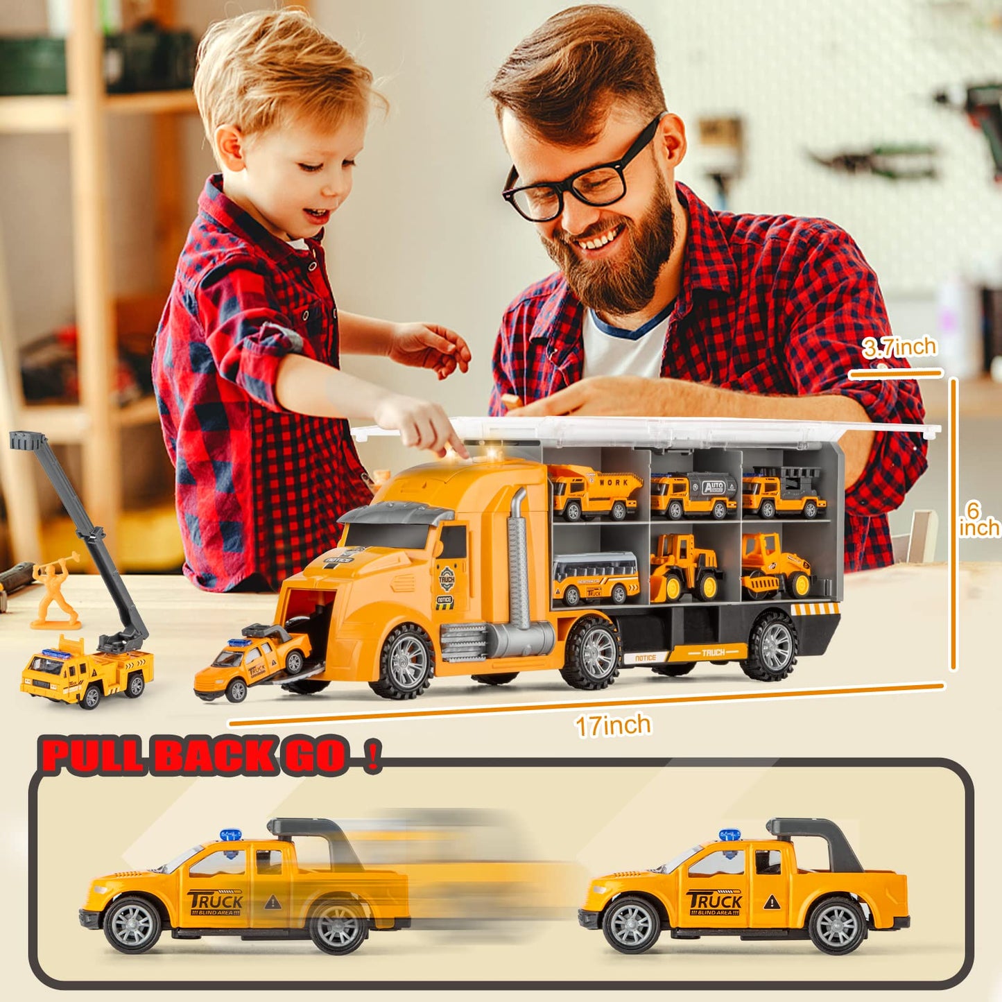 LerBao 25-in-1 Die-Cast Pull-Back Construction Trucks – Lights & Sounds (Ages 3-7)