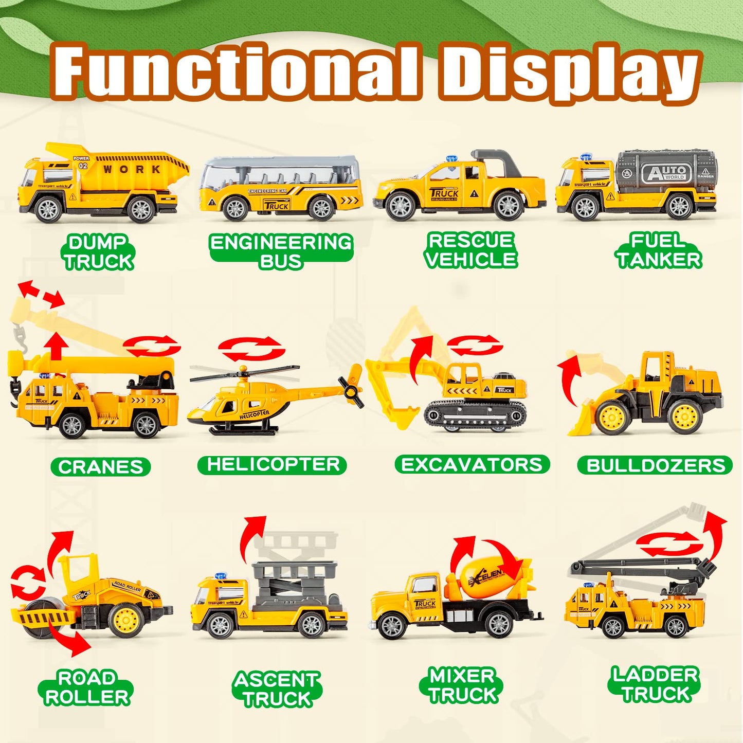 LerBao 25-in-1 Die-Cast Pull-Back Construction Trucks – Lights & Sounds (Ages 3-7)