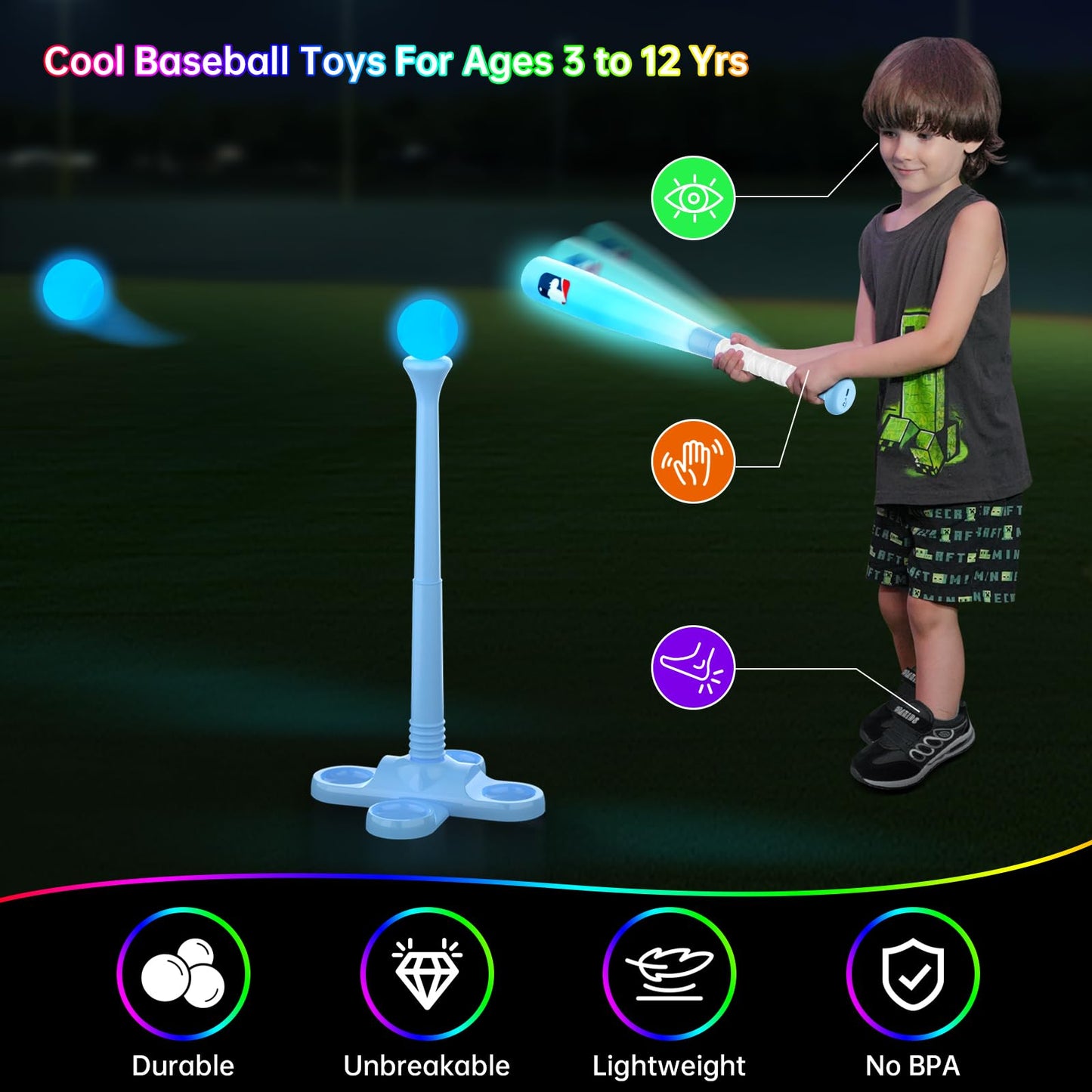 Leshein LED T-Ball Set for Toddlers 3-5 & 5-8 | Glow-in-the-Dark Tee Ball Toy