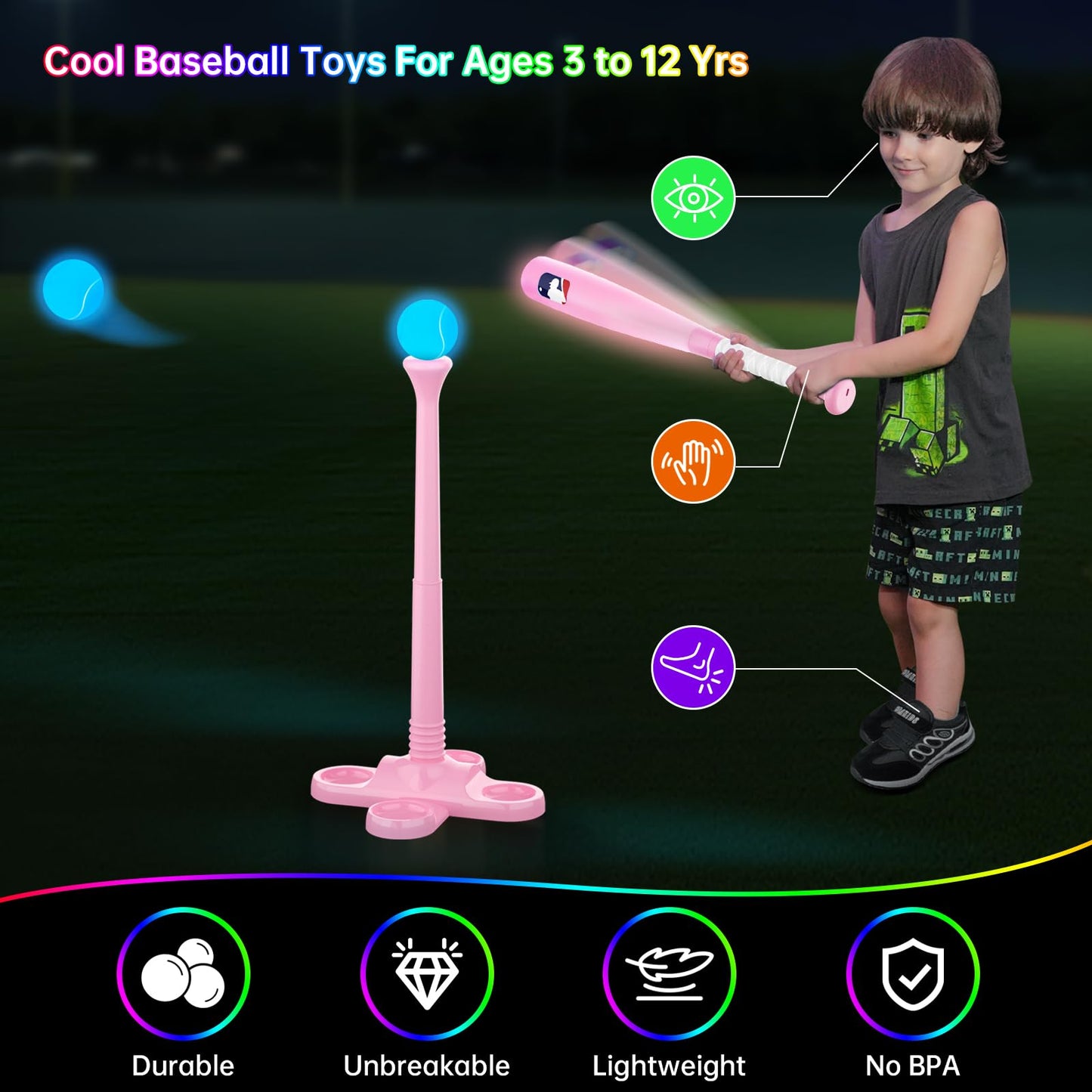 Leshein T Ball Set | Glow-in-the-Dark LED Baseball Toy for Kids 3-8