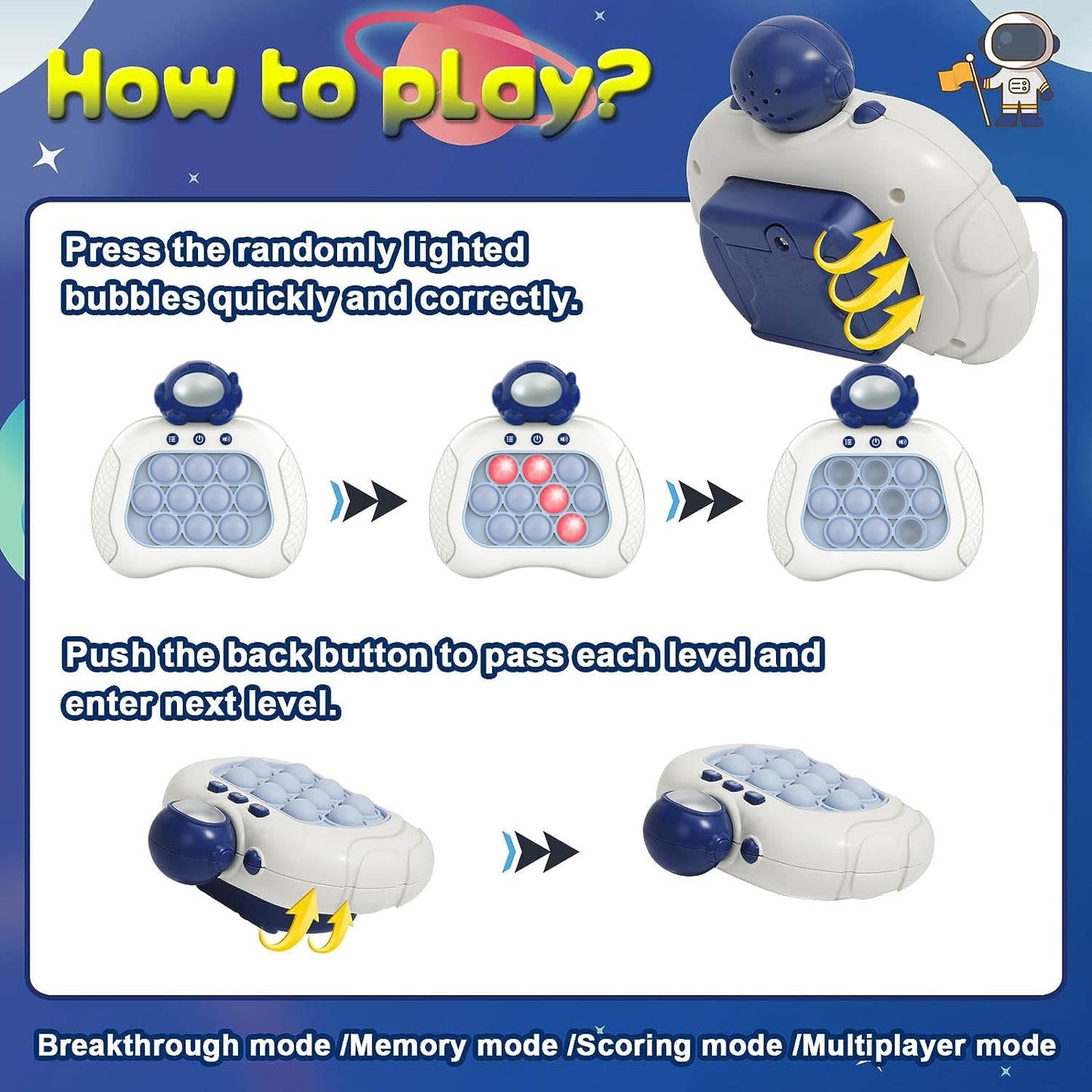 Lesipee Fast Push Game — Blue Astronaut Handheld Fidget Console | Light-Up Puzzle Toy for Ages 3–12