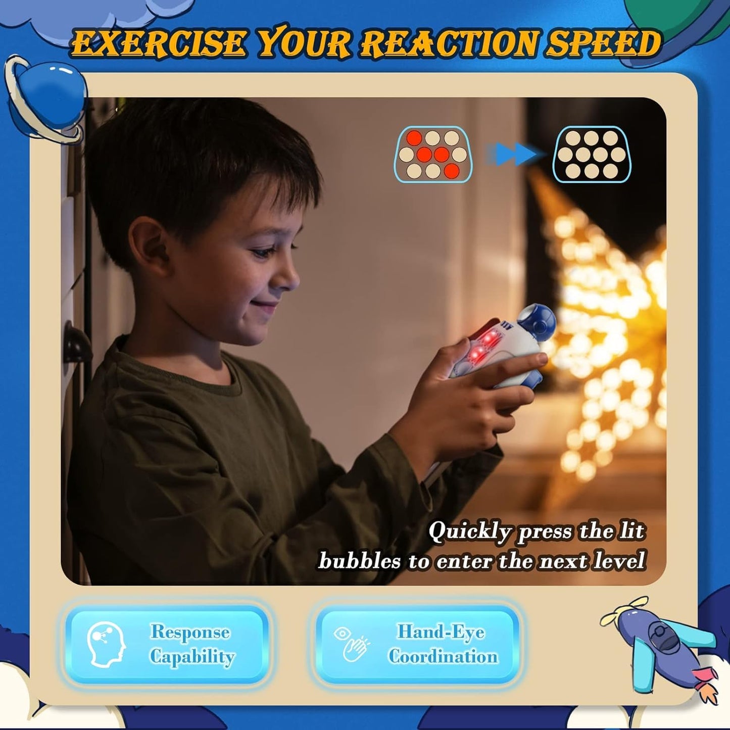 Lesipee Fast Push Game — Blue Astronaut Handheld Fidget Console | Light-Up Puzzle Toy for Ages 3–12