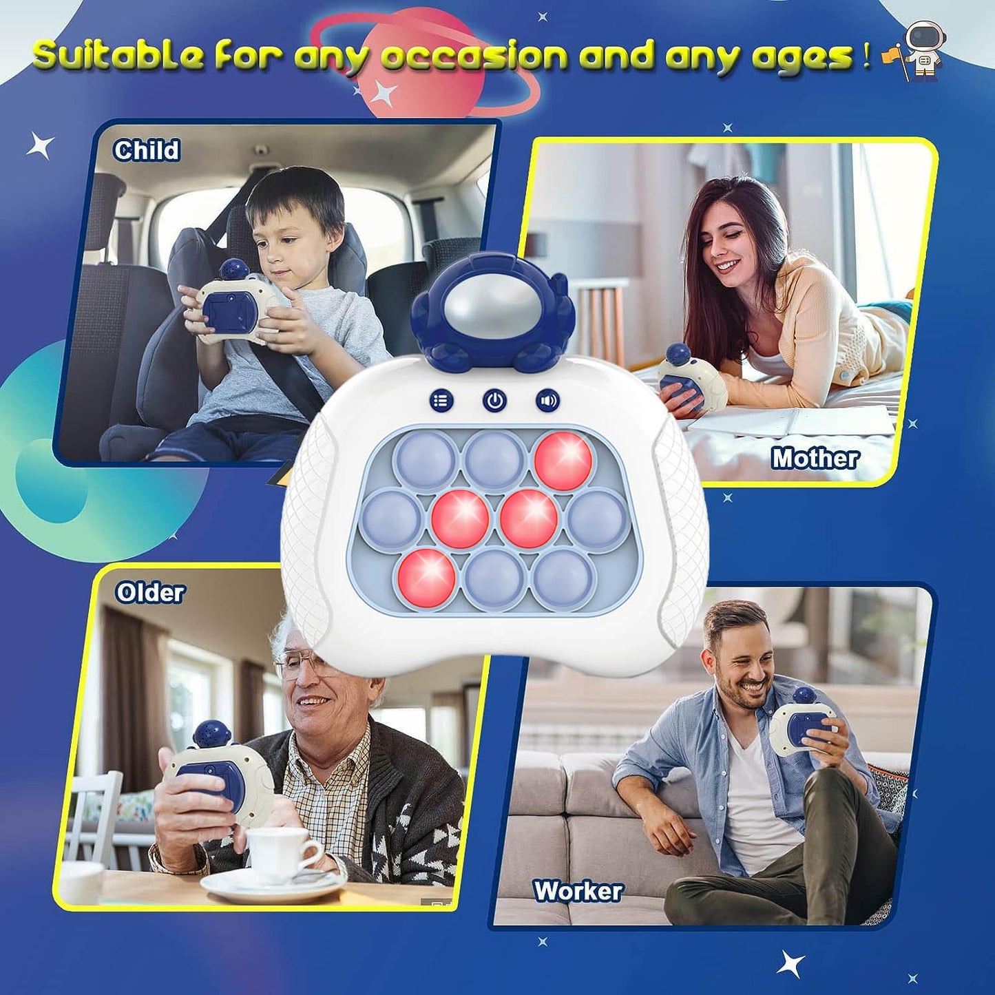 Lesipee Fast Push Game — Blue Astronaut Handheld Fidget Console | Light-Up Puzzle Toy for Ages 3–12