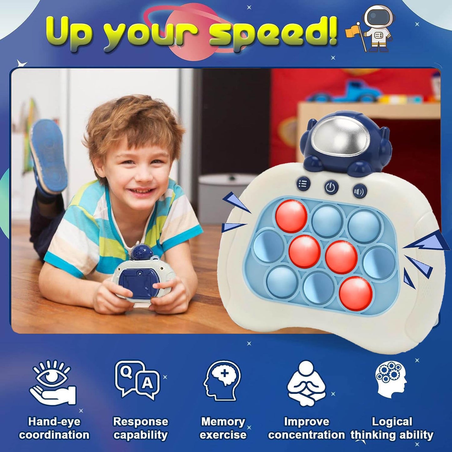 Lesipee Fast Push Game — Blue Astronaut Handheld Fidget Console | Light-Up Puzzle Toy for Ages 3–12